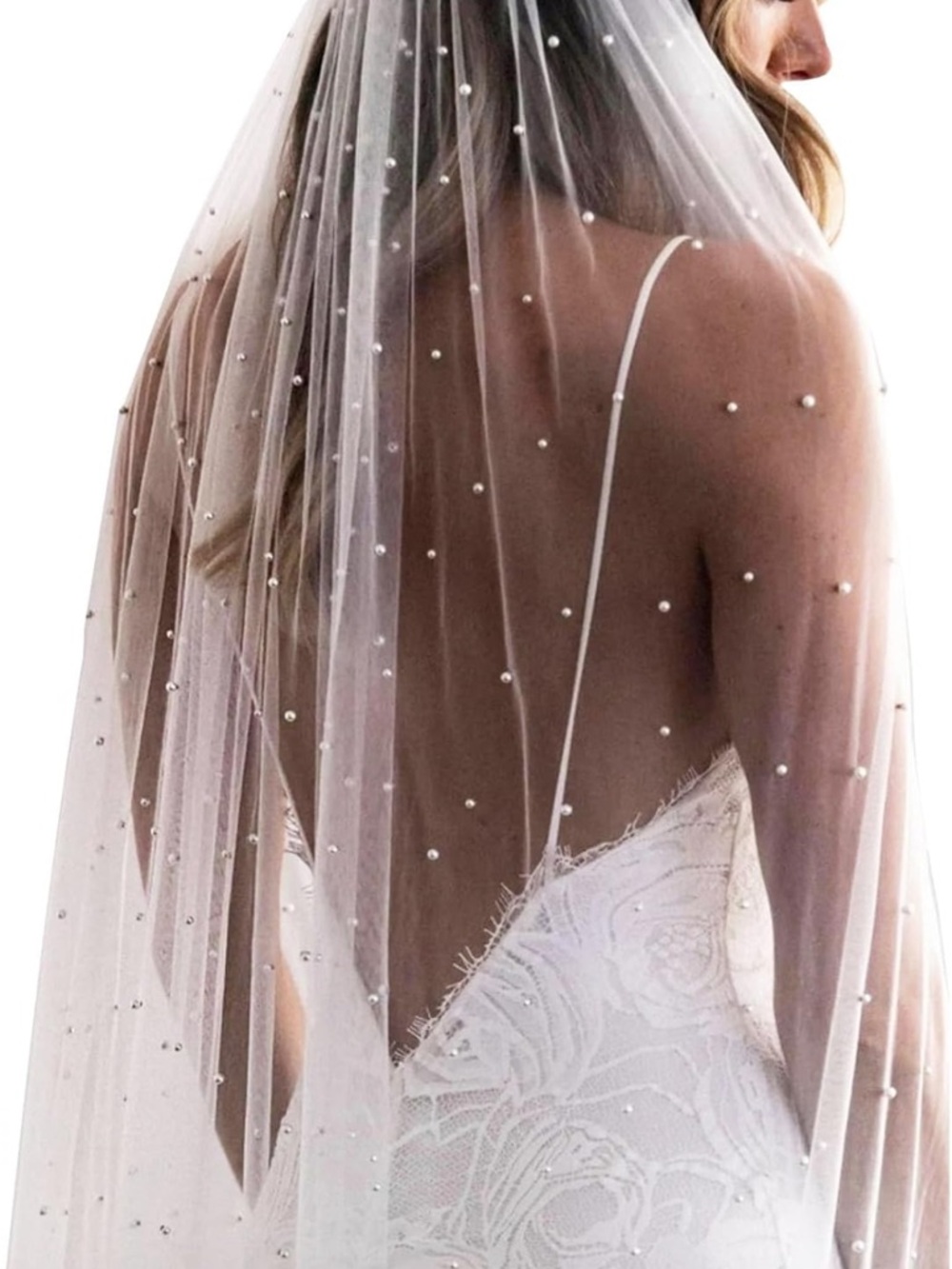 Crystal-Embellished Chapel Length Veil - Sheer White